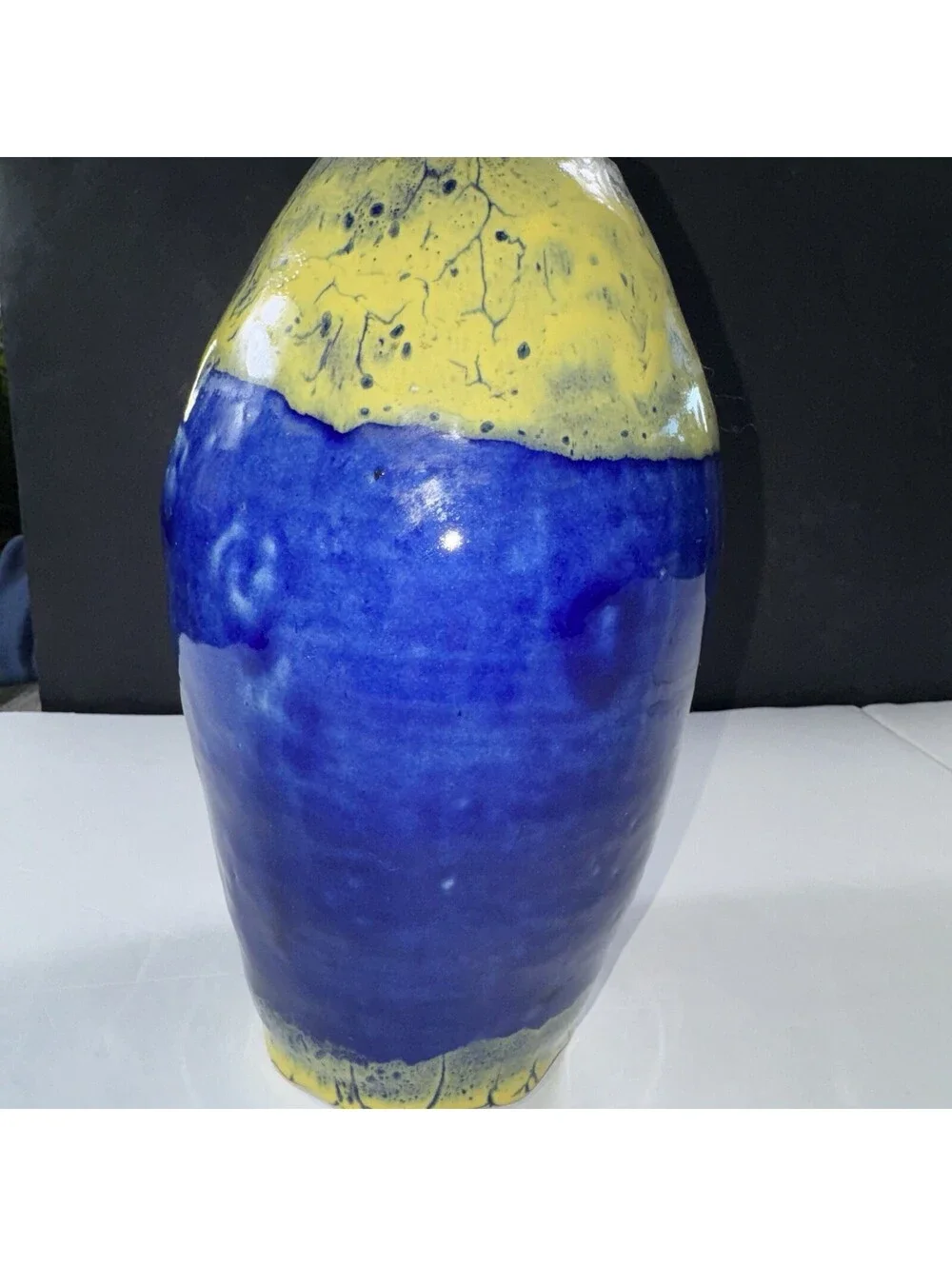 Lizzy Adams Signed Studio Pottery Vase Planter Blue Yellow Drip Glaze 10”